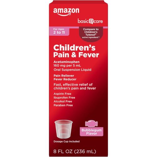 Amazon Basic Care Children's Pain and Fever Oral Suspension Liquid, Acetaminophen 160 mg per 5 mL, Bubblegum Flavor, 8 fl oz