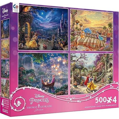 Ceaco - Thomas Kinkade Disney Princess 4 Pack 500 Piece Jigsaw Puzzles Multi Pack for Adults and Teens