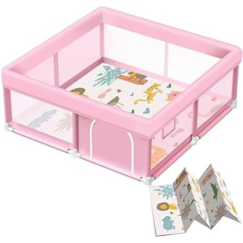 Pink Baby Playpen with Mat, 50x50 Inch Playpen with Mat Waterproof for Babies and Toddlers Play Pen for Girls Pink Playards Safety Gate Fence Active Center Indoor