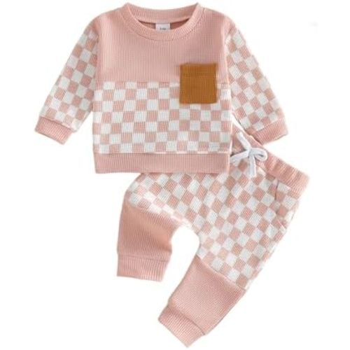 allshope Toddler Baby Girl Fall Outfit Checkerboard Patchwork Long Sleeve Sweatshirt Elastic Waist Pants Newborn Clothes Set