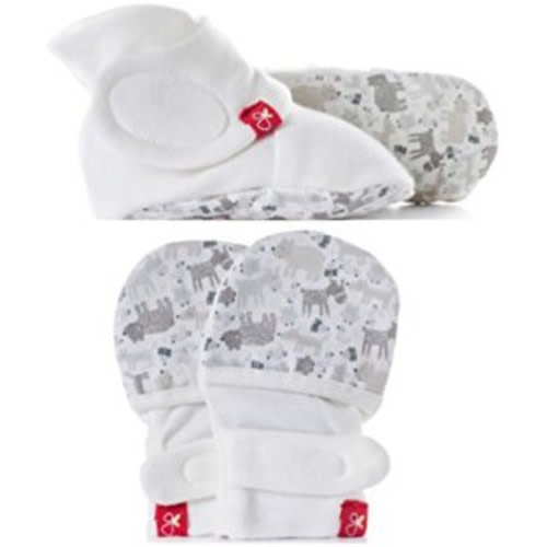 goumikids - Organic Mitts & Booties Bundle, Soft Stay On Scratch Proof Mittens and Adjustable Baby Booties (Forest Friends/Gray, 0-3 Months)
