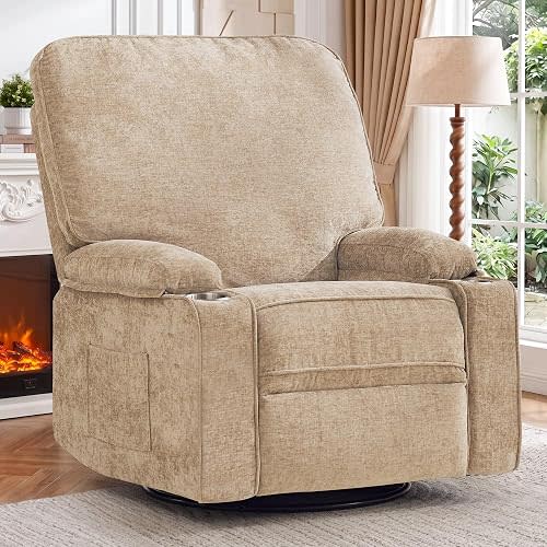 Korser Recliner Chair, Nursery Rocking Chairs for Adults, 360° Swivel Rocker Recliner with Cup Holder, Overstuffed Glider Rocking Chair for Living Room, Manual Recliner with Side Pockets, Chenille