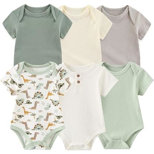 Baby Bodysuit 6 Pack Soft Mixed Ribbed Short Sleeve Romper Infant Boy Girl Clothes Set