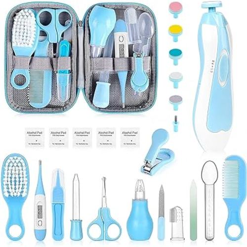 Baby Grooming Kit, Infant Safety Care Set with Hair Brush Comb Nail Clipper Nasal Aspirator,Baby Essentials Kit for Newborn Girls Boys (Blue-25 in 1)