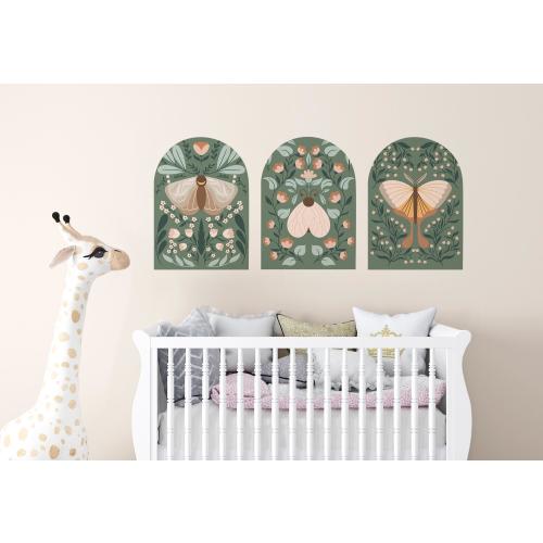 Peel and Stick Arched Wall Decal Set, Butterfly Moth Wall Stickers, Vintage Botanical Insect Wall Art, Removable Renter Friendly Decor