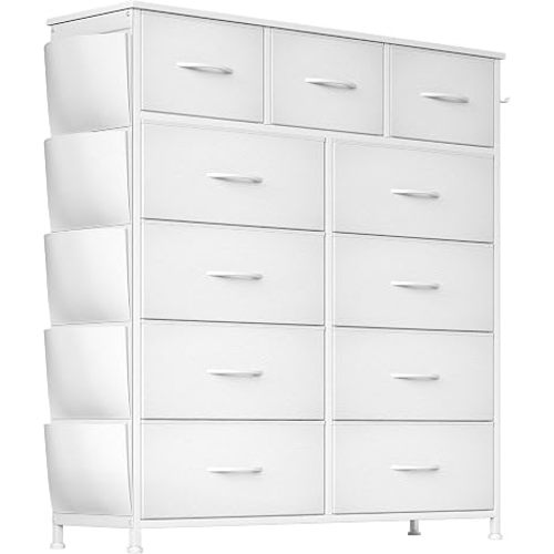 CAIYUN Chest of Drawers, 11 Drawers Tall Dresser for Bedroom with Side Pockets and Hooks, Storage Units, TV Dresser for Living Room, Leathers White