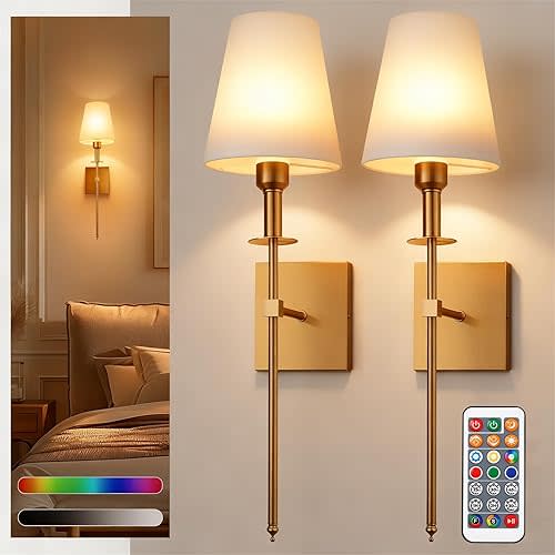 DORESshop Battery Operated Wall Sconce Set of 2, Gold Rechargeable Wall Lights Remote, Sconce Wall Decor Set of 2, 7 Colors Wireless Sconces for Bedroom Living Room Hallway
