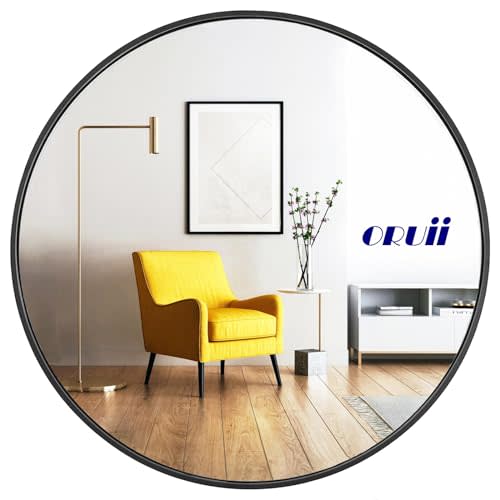 Oruii Round Mirror, Black Round Mirror 24 inch, Circle Wall Mirrors Metal Frame, Circular Mirrors for Wall, Living Room, Bathroom, Vanity, Entryway, Hallway.