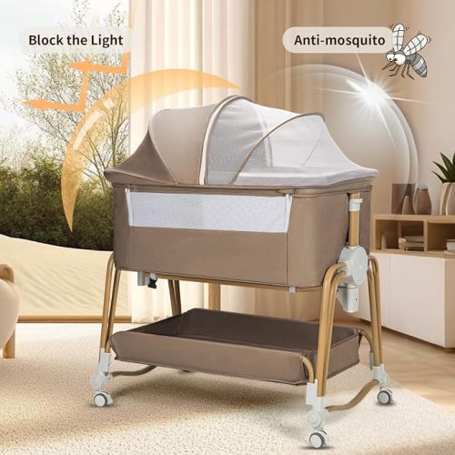 4-in-1 Baby Bassinet, Portable Bassinet Bedside Sleeper with Wheels and Storage Basket, 7 Height Adjustable Breathable Mesh Rocking Bassinet with Mosquito Net for Newborn-Khaki Brown