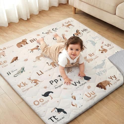 Baby Play Mat for Floor 50×50in, Quilted 1.6in Extra Thick Crawling Mat for Toddlers, Non-Slip Kids Play Mats for Playpen with Washable Removable Cover, Animal