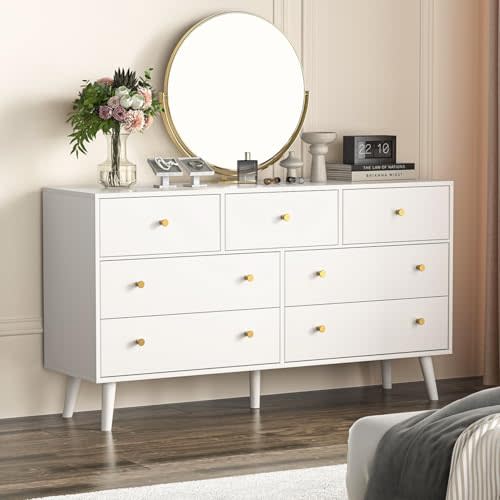 SINROM® 55" White Dresser for Bedroom, 7 Drawer Dressers with Drawers and Gold Knobs, Dresser White and Gold Chests of Drawers