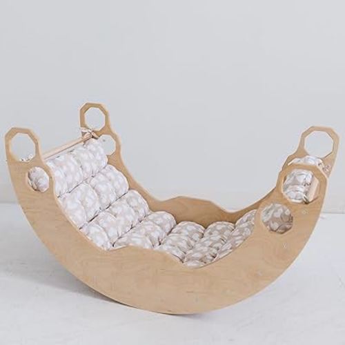 WOOD&ROOM Large Arch with Cushion for Children Montessori Wooden Climber Rocker Indoor Playground for Toddlers & Kids Natural Color Rocker with Pillow (Beige Hearts)