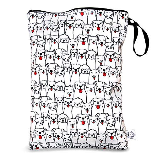 FLOCK THREE Washable and Reusable Wet Bag Diaper Bag Water Resistant Swimming Bag Travel Toiletries Pouch Pugs Dogs Zippered 12.6'' x 16.5''