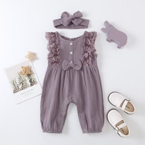 Baby Solid Color Lace Romper with Headband