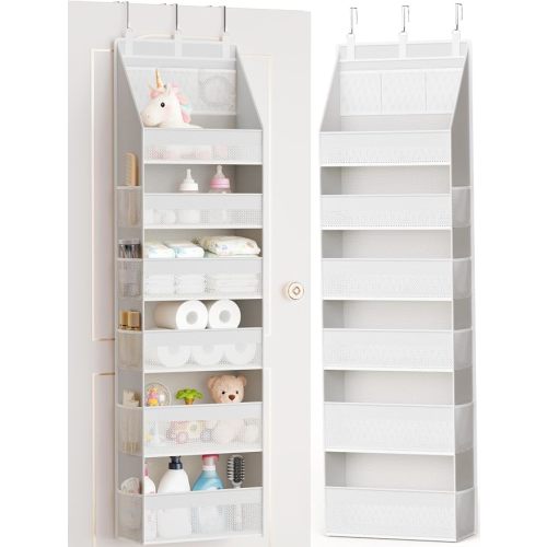 Over the Door Organizer, Heavy-Duty 6-Shelf Hanging Storage with 13 Mesh Pockets, 55lbs Capacity Behind the Door Storage for Nursery, Bathroom, Bedroom, and Dorm, White