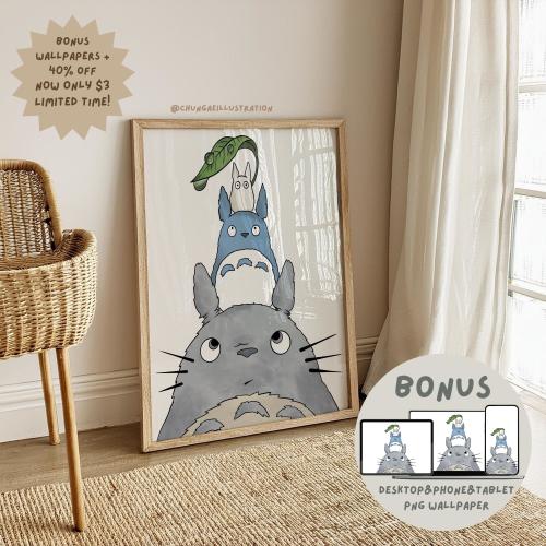 Totoro Printable Wall Art, Ghibli Digital Poster, Cute Totoro Decor, Studio Ghibli Gift, Japanese Anime Art, Instant Download