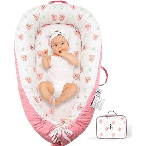 Baby Lounger for Newborn 0-24 Months – Reversible, Lightweight & Portable Infant Lounger for Baby Girl & Boy - Breathable & Soft Blush Bear Baby Nest - Baby Floor Seat for Home & Travel by Leosole