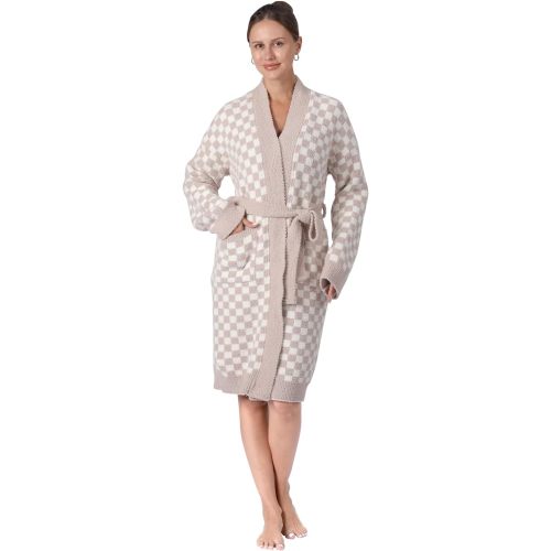 Cozy Robe Lightweight Soft Plush Robe Vertical Bar Hoodless Sleepwear Nightgown with Pockets for Women