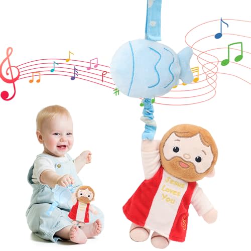 Yelakey Baby Jesus Musical Hanging Plush Toy with Lullaby Music Box Sensory Crib Toy for Newborn Baptism First Birthday Gift