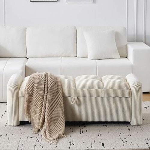Oversized Corduroy Ottoman Bench with Storage, Upholstered End of Bed Bench for Bedroom, Ottoman Foot Rest for Living Room, Beige