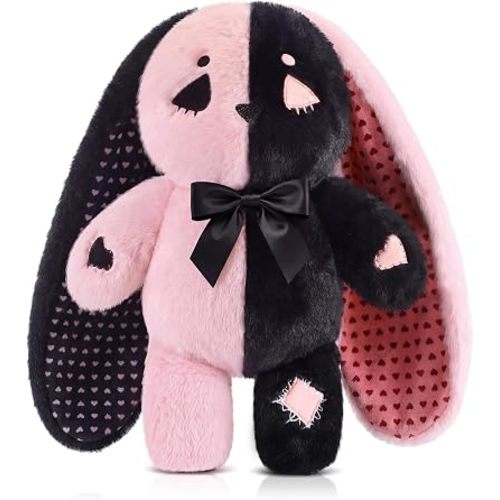 Sotiff Gothic Bunny 12 Inch Gothic Gift, Pink Black Bunny Animal, Creepy Horror Rabbit with Embroidered, Goth Rabbit Gifts, Dark Cute Home Decor