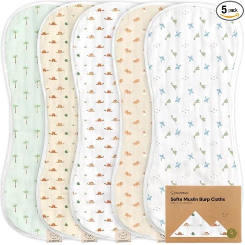 5-Pack Muslin Burp Cloths Baby Boy, Girl - Very Absorbent Baby Burp Cloth Rags, 8-Layers Viscose Derived from Bamboo Cotton Muslin Towel, Super Soft Spit Up Rags, No Shrink Washcloths (Roarsome)