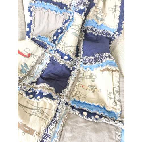 Airplane Blanket Baby Boy Rag Quilt, Boy Crib Bedding Set, Blue and Gray Vintage Themed Bed Spread for Boys Baby Shower Git