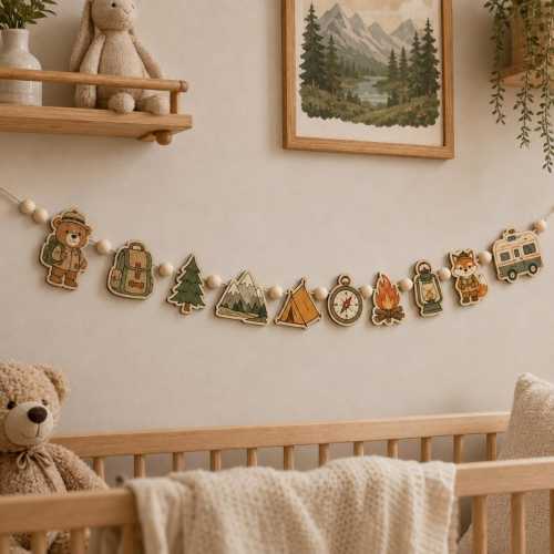 Outdoor Adventure Nursery Garland, Woodland Camping Baby Room Decor, Wooden Nursery Banner