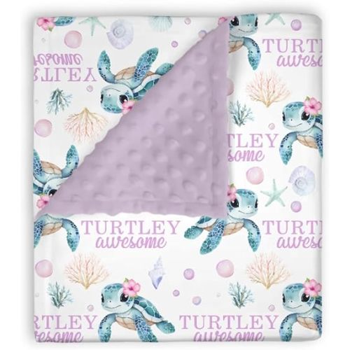 Mink Baby Girl Blanket Pink Under the Sea Turtle, Turtley Awesome Ocean Animal Soft Double Layer Dotted Backing Receiving Swaddle, Newborn Infant Toddler Nursery Crib Bedding Shower Gift 30x40