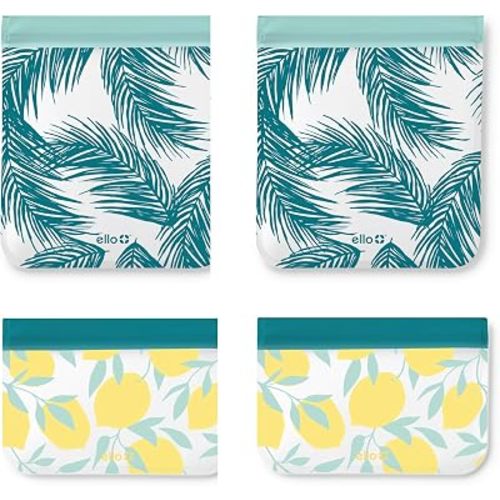 Ello 4 Pack Reusable Food Storage Bags, Resealable BPA-Free, Food-Safe PEVA, Feezer Safe and Leak-Proof