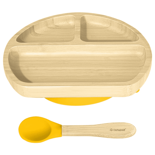 Abiie Octopod Bamboo Dish - Kids Plates for 4 months and up, 3-Compartment Baby Plates with Suction, Triangle Bamboo Baby Plate, Mess-Free Toddler Suction Plates, Baby Feeding Supplies (Yellow)