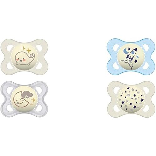 MAM Night Pacifiers with Glow-in-Dark Buttons, 0-6 Months, Breastfed Baby Pacifiers, Unisex, Includes Sterilizing Case and 2 Pacifiers