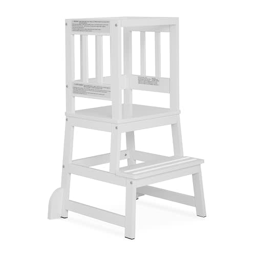 Dream On Me 2-in-1 Funtastic Tower and Step Stool, Toddler Step Tower for Learning & Play, Safety Rails, Anti-Skid Pads, Non-Slip Strips & Stabilizer Fins for Safe Counter Activities - White