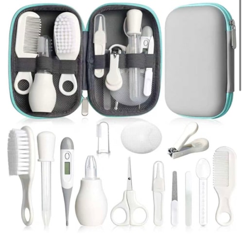 Baby Grooming Kit, Infant Safety Care Set with Hair Brush Comb Nail Clipper Nasal Aspirator,Baby Essentials Kit for Newborn Girls Boys (Grey White)