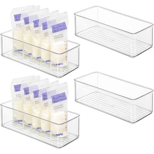 4 Pcs Storage Container Breastmilk for Fridge, Clear Organizer Bins for Milk Bags, Plastic Storage Bins for Freezer,Pantry, Bottles Bathroom, Vanity, Drawer and Yogurts,4.4" Wide