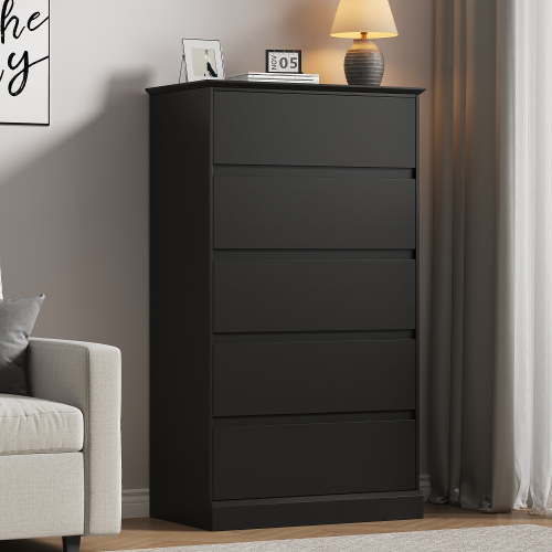 5 Drawer Dresser for Bedroom, 15.8" D x 27.6" W x 48.4" H in Simply Modern Chest of Drawers, Wood Storage Dresser with Deep Drawers for Living Room Hallway Entryway, Black