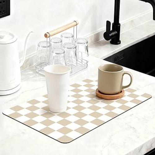 12" x 20" Checkered Dish Drying Mat for Kitchen Counter, Absorbent Coffee Bar Mat for Espresso Machine Coffee Countertops Accessories (Khaki)
