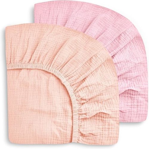 SWEET DOLPHIN 2-Pack Muslin Crib Sheets for Boys & Girls, Ultra Soft Breathable 40S Long-Staple Cotton Fitted Baby Sheets for Standard Crib Mattress 52"x28", Light Bean Paste- Nursery Essentials