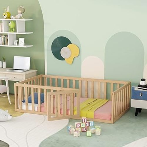 Full Size Kids Floor Bed with Fence, Wooden Playpen Bed with Door, Fence-Shaped Guardrails, Kids Play Fence Bed, Easy Assembly (Natural)