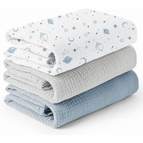 Konssy 3 Pack Muslin Swaddle Blankets for Unisex, Newborn Receiving Blanket, Large 47 x 47 inches, Soft Breathable Muslin Baby Swaddles for Boys & Girls
