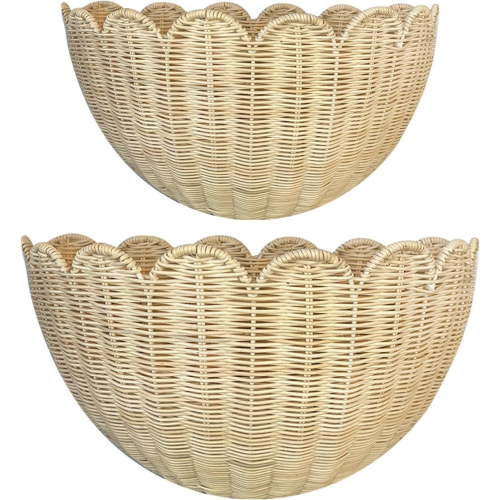 Guvpev 2Pcs Scalloped Wall Basket Set, 16" & 14" Large Hand Woven Hanging Wicker Baskets for Storage, Decorative Rattan Wall Decor for Bathroom, Kitchen & Nursery, Mocca