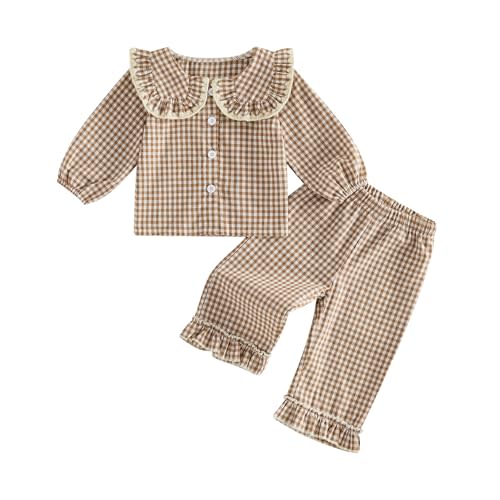 Thorn Tree Girls Fall Outfits Long Sleeve Button Up Shirt Tops Plaid Pants | Toddler Girl Clothes,Gingham Outfit,Linen clothes,Button neck,Casual