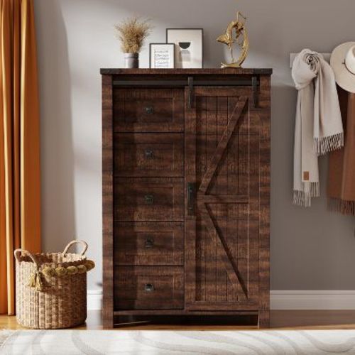 SinCiDo Farmhouse Modern 5 Drawer Tall Dresser w/Sliding Barn Door, Storage Organizer Dresser for Bedroom, Living Room & Kids Room, Reclaimed Barnwood