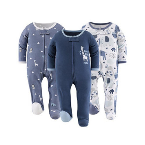 Blue Safari Footed Baby Sleepers for Boys, 3-Pack,