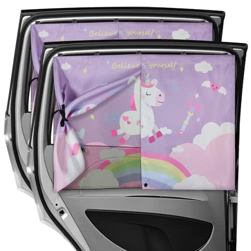 Car Window Shades, 2 PCS Magnetic Double Layer Car Sun Shade for Side Windows Privacy Full Covers/Half Shade Options Unicorn Patterns Car Window Curtains for Baby Protection