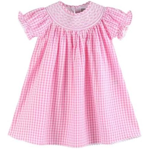 Lil cactus Baby and Girls Pink Gingham Smocked Bishop Dress
