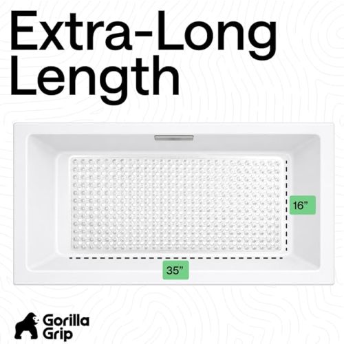 GORILLA GRIP Patented Bath Tub Shower Mat, Machine Washable Bathtub Floor Liner Mats, Suction Cups and Drain Holes to Keep Tubs Clean, Soft on Feet, Bathroom Essentials, 35x16 Inch, Clear