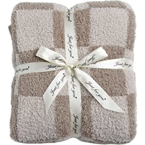 Ultra Soft Checkered Blanket Cozy Buffalo Check Throw Fluffy Knitted Reversible Throw Blanket Lightweight Fleece Checkerboard Grid Blanket for Sofa Couch Bed Travel, Linen/Warm Gray, 51''x63''