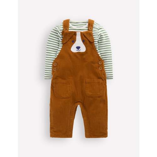 Novelty Cord Dungaree Set-Brown Dog