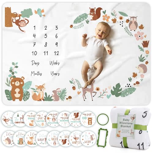 Baby Boy Monthly Milestone Blanket with 16 Milestone Stickers - 60" x 40" - Wrinkle Free Baby Age Month Blanket - Washable & Fade Resistant - Ultra Soft Fleece for Mom & Baby Shower